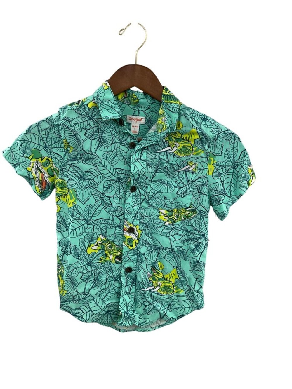 Cat & Jack XS (4/5) Boys Green Tropical Print Button-Up Shirt With Dinosaur Desi